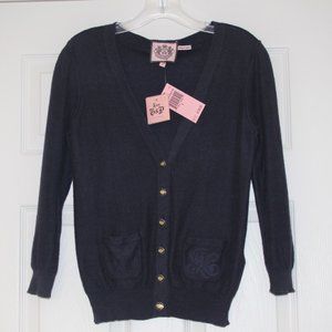 JUICY COUTURE Navy Blue Cotton Cashmere Cardigan Sweater Crown Button Front Sz S